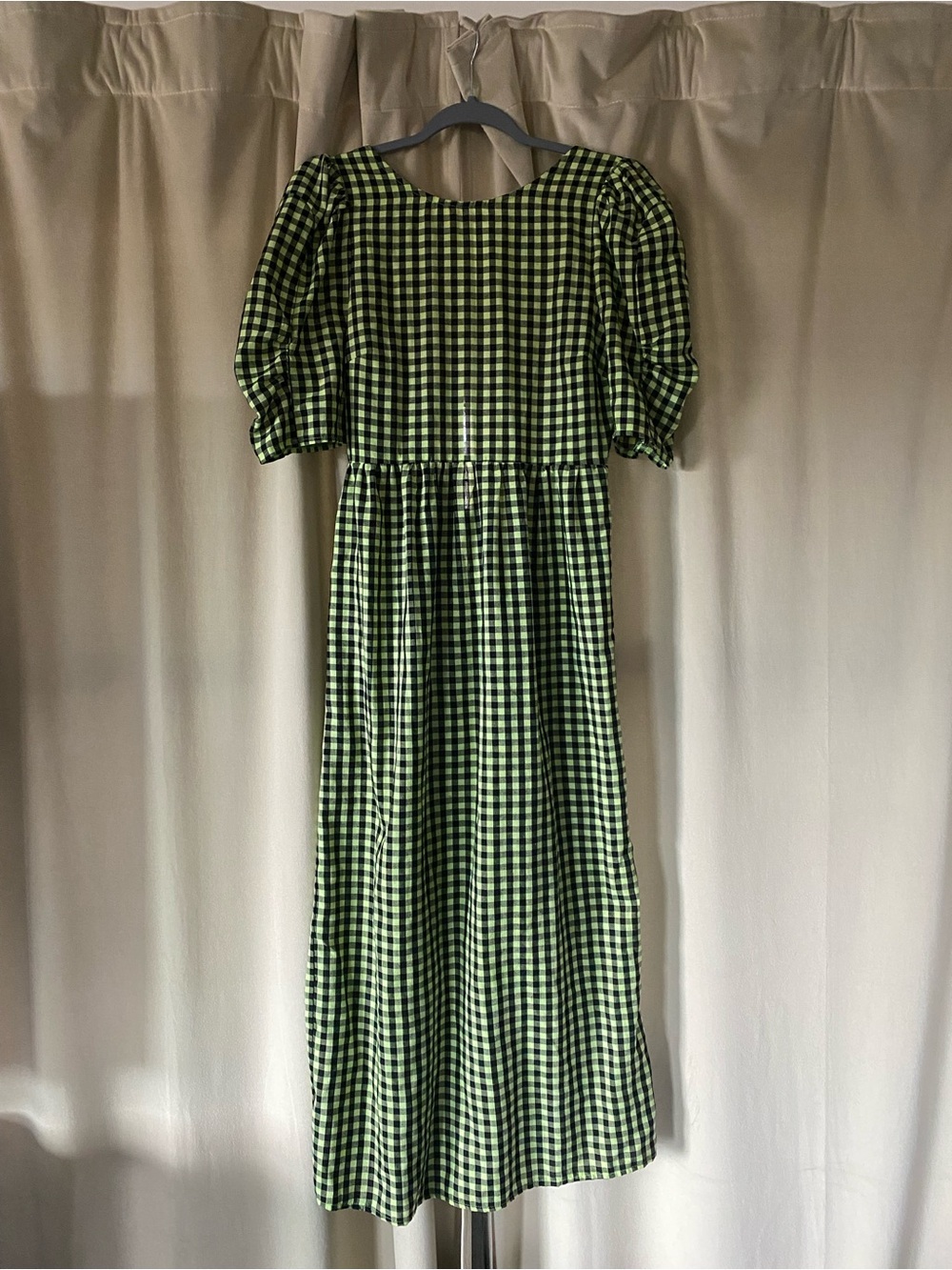 Cider Green Gingham Dress with Puff Sleeves